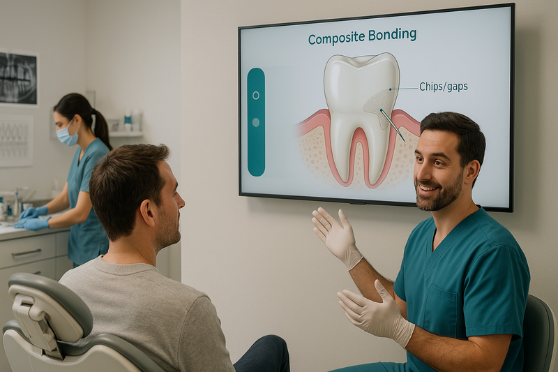 Dentist showing composite bonding cost by explaining tooth-colored resin repairs for chips and gaps