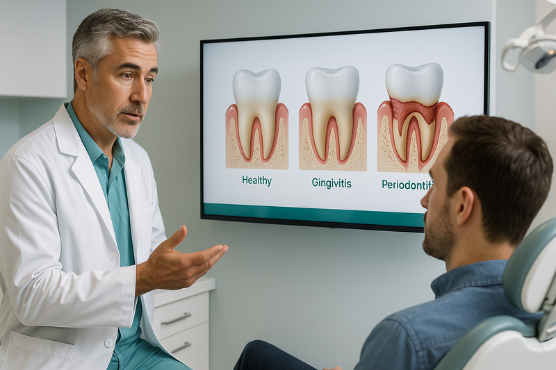 Experienced periodontist describing stages of gum disease to patient using anatomical display in modern Beverly Hills dental clinic, illustrating can gum disease be cured discussion.