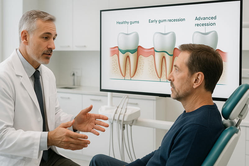 Periodontist in modern clinic explains how to reverse gum recession, using detailed anatomical diagrams for patient education.