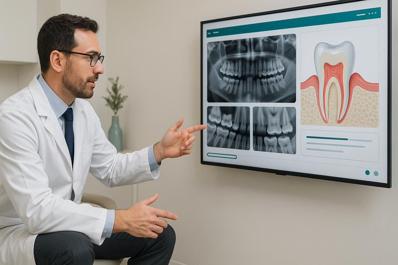 Periodontist and patient reviewing digital X-rays and gum charts together during a first dental visit in a modern consultation room