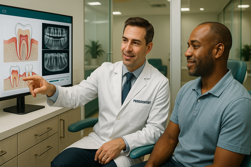 Board-certified periodontist in a modern Beverly Hills clinic reviewing dental charts and X-rays with an adult patient, illustrating best periodontist Beverly Hills standards.