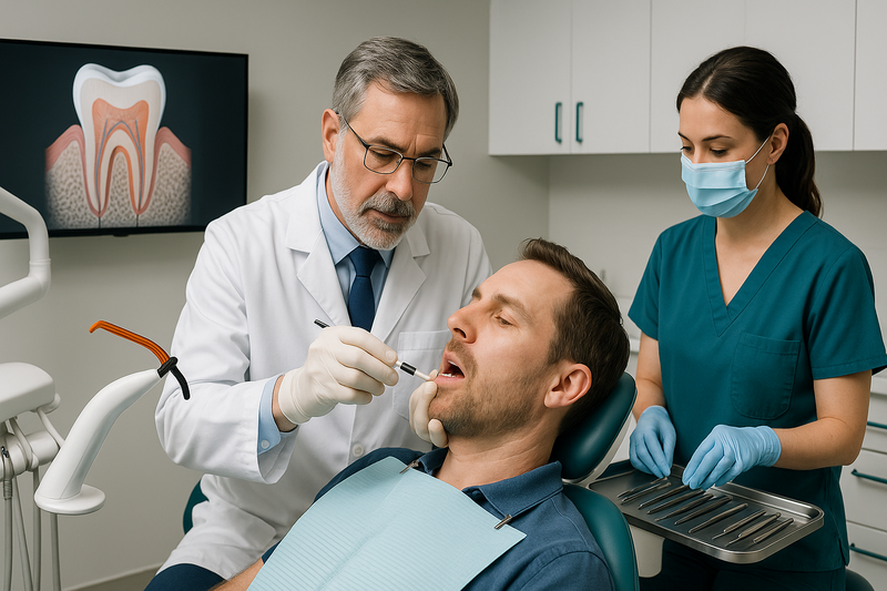 Dentist performing tooth bonding procedure in a modern Beverly Hills clinic, applying composite resin with assistant preparing instruments