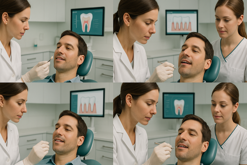 Step-by-step cosmetic dental bonding procedure performed by a dentist, including preparation, resin application, curing, and polishing in a modern clinic.