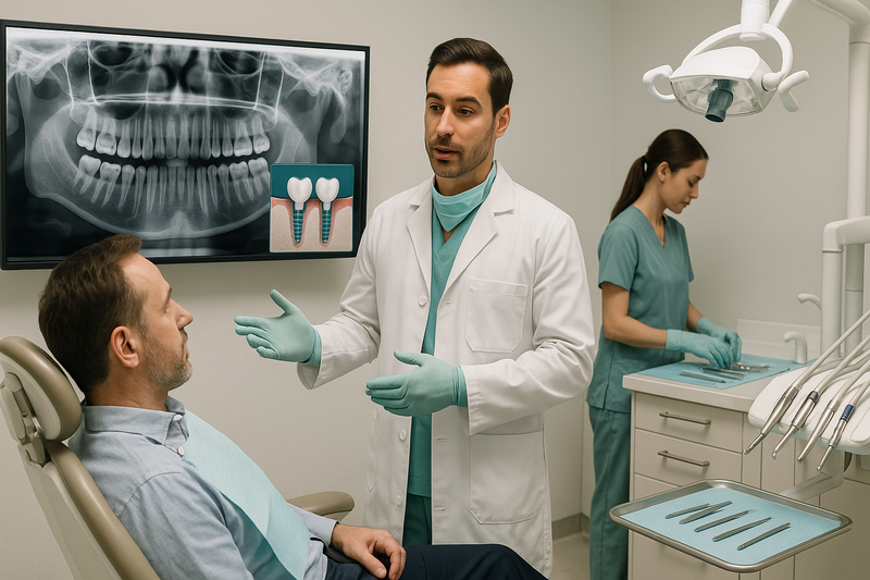 Dental team planning multiple dental implants with X-rays and 3D visuals, guiding a patient in a modern operatory
