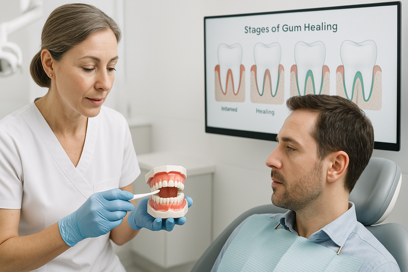 Dental hygienist demonstrating correct brushing and flossing after periodontal cleaning using a model and digital gum healing diagram for adult patient