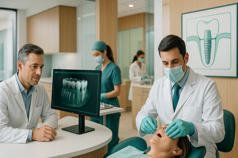Modern Beverly Hills dental implant center showing consultation, 3D scan review, and implant placement by a dental implants Los Angeles expert.