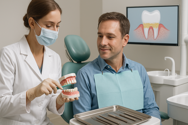 Dental hygienist demonstrating natural treatment for periodontal disease with proper brushing to an adult patient in a modern clinic