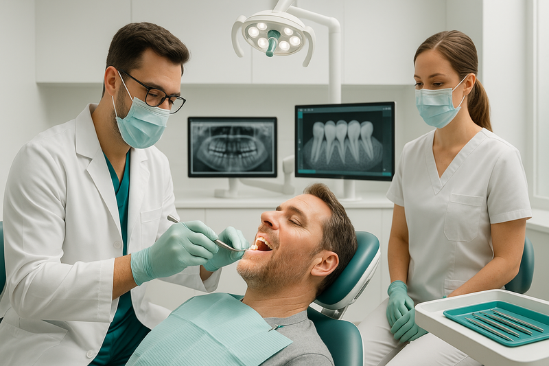 Modern dental team performing porcelain veneers teeth procedure including digital impressions and veneer placement in a bright, professional clinic.