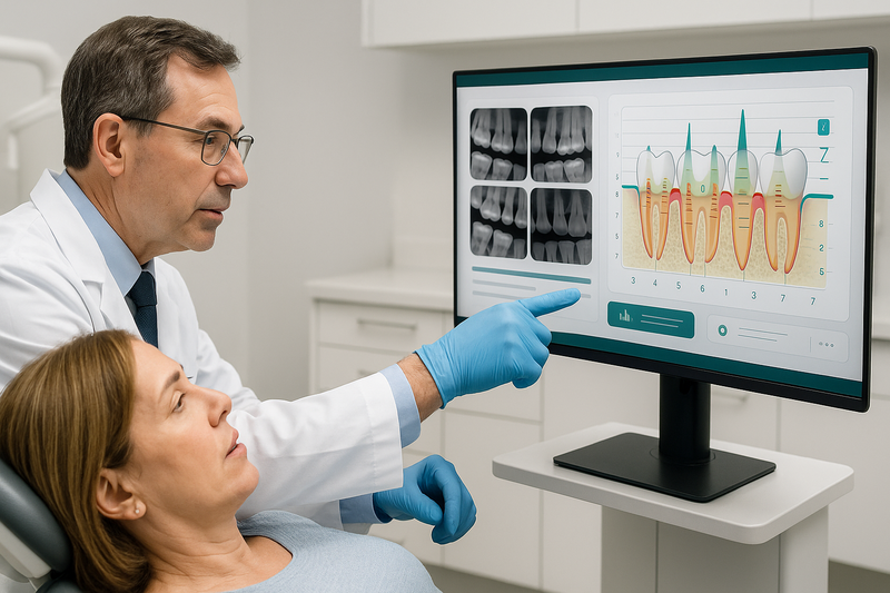 Periodontist reviews digital X-rays highlighting deep periodontal pockets during clinical exam, helping patients learn how to shrink gum pockets