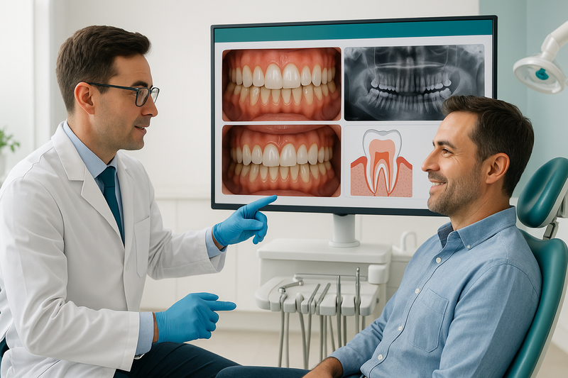 Dentist consulting an adult patient with digital smile makeover plan, including X-rays and tooth images, in a modern clinical setting