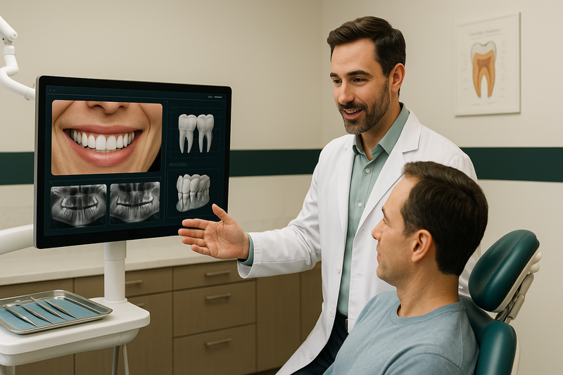 Dentist presenting a digital smile makeover plan using advanced imaging and 3D models to an attentive adult patient in a modern Beverly Hills cosmetic dental clinic.