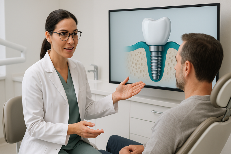 Modern periodontist explaining dental implants to a patient using a digital screen with an implant anatomy diagram in a Beverly Hills clinic