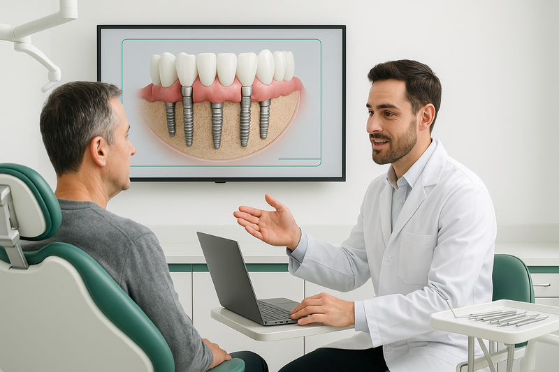 Periodontist explains multiple dental implants to adult patient using a digital jawbone diagram with implants in modern Beverly Hills clinic