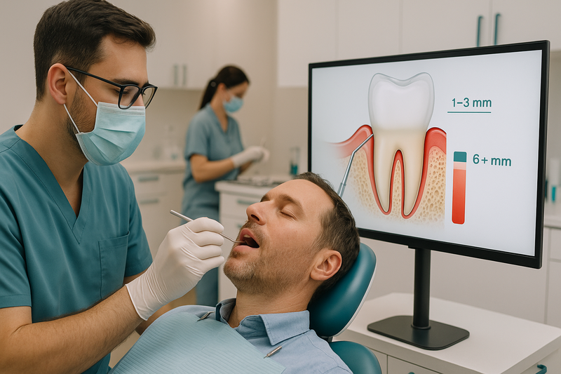 Periodontist gently measuring gum pocket depth with probe as digital monitor displays healthy versus deep periodontal pocket depth, illustrating how to shrink gum pockets.