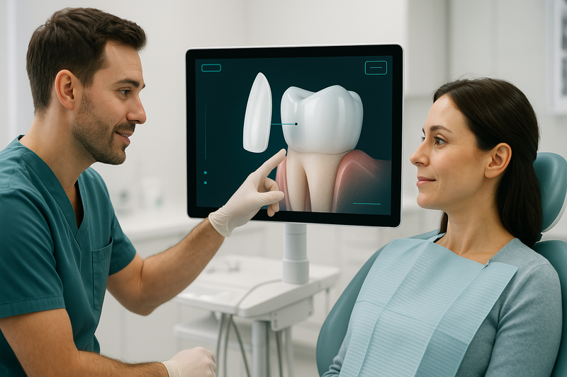 Dentist demonstrating porcelain veneers teeth placement on a digital monitor in a modern, reassuring dental clinic.