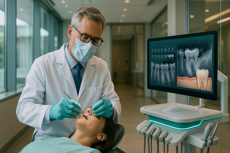 Periodontist performing precise periodontal cleaning and pocket measurement in a modern Beverly Hills dental clinic