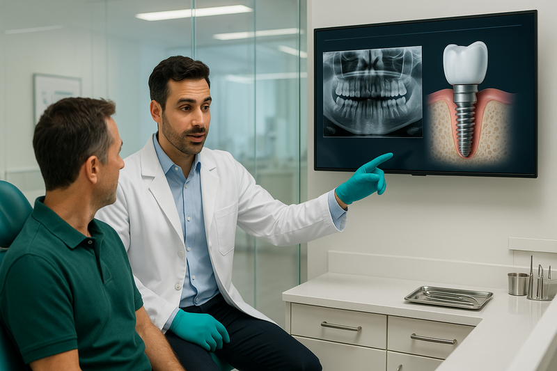 Periodontist implant specialist explaining a digital dental implants Los Angeles plan to a patient using a 3D model and X-rays in a modern clinic
