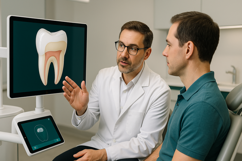 Dentist explaining cosmetic dental bonding to an adult patient using a digital display showing composite resin layering in a modern clinic.