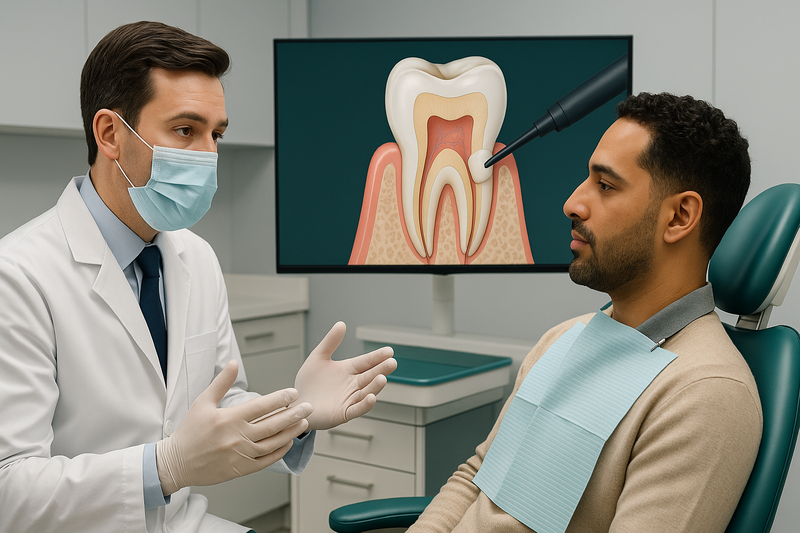 Dentist explains tooth bonding process to adult patient while monitor displays resin application to enamel in modern clinic