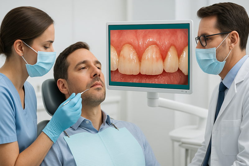 Dental hygienist and dentist examine inflamed gums on a digital monitor during a periodontal disease pictures assessment