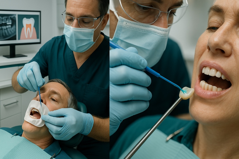 Composite bonding teeth procedure shown step by step with dentist preparing, applying resin, curing, and polishing in a modern clinic setting