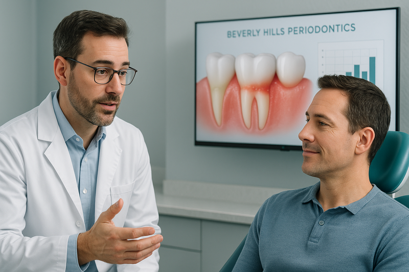 Dentist in Beverly Hills clinic explaining home remedies for gum infection with digital display of swollen gums to an adult patient