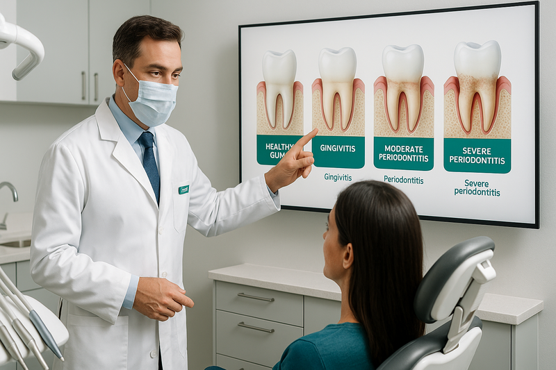 Periodontal disease pictures showing dentist explaining four stages of gum disease to a patient on a digital screen