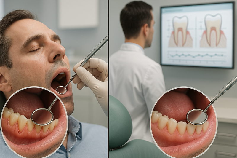 Periodontitis before and after treatment showing gum improvement, clinical mirror, and digital charting in a modern dental office