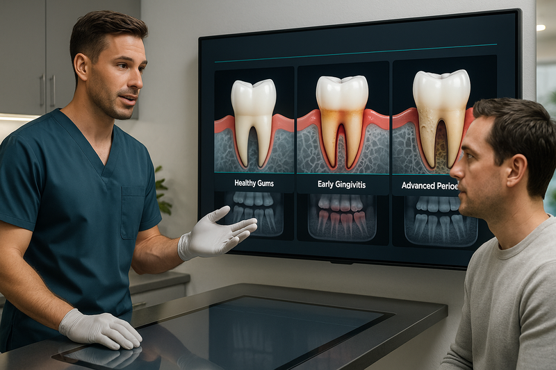 Periodontist showing periodontitis before and after treatment side-by-side using digital screen with healthy, gingivitis, and advanced stages