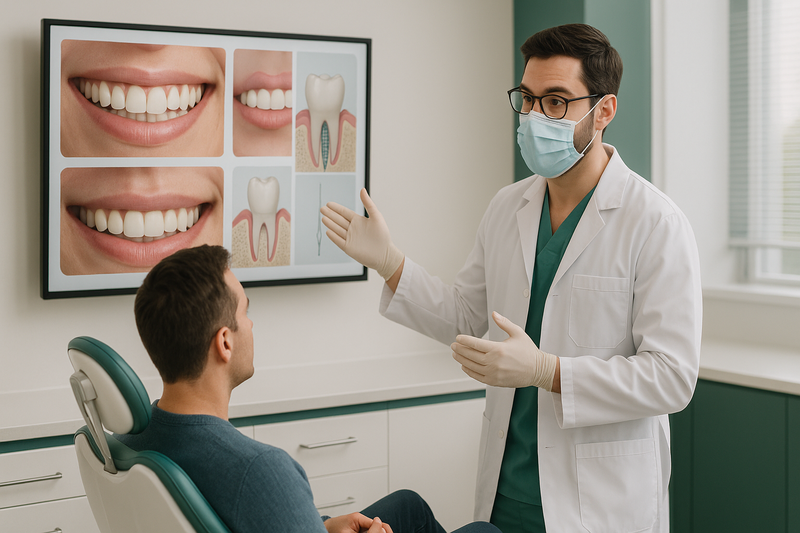 Cosmetic dentist consulting with a patient in Beverly Hills clinic, showing cosmetic teeth procedures and smile makeover options on a digital screen