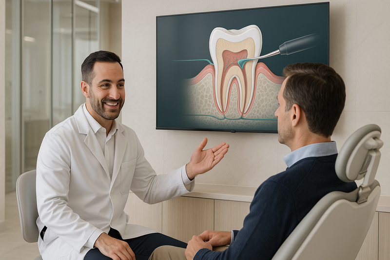 Dentist explaining composite bonding teeth procedure using a tooth diagram in a modern Beverly Hills clinic