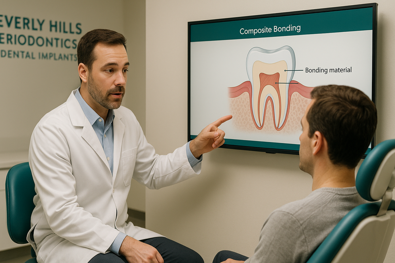 Dentist in Beverly Hills clinic explaining how much is composite bonding using a digital tooth diagram to a patient