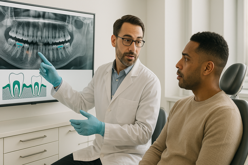 Periodontist explains dental X-rays showing bone loss to a concerned patient, illustrating when home remedies for gum infection are insufficient.