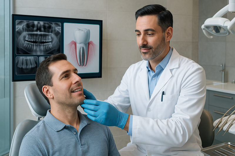 Periodontist evaluating adult patient's gums and teeth at a Beverly Hills cosmetic dental clinic; digital X-rays and gum diagrams visible.