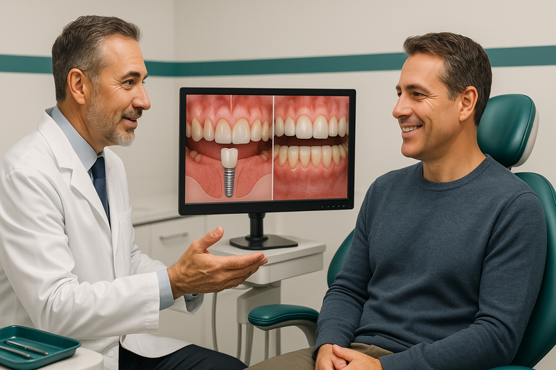 Periodontist consults smiling patient with digital before-and-after images of cosmetic dental implants showing lifelike gum and crown integration