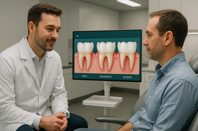 Dentist and patient reviewing receding gums images on a digital monitor showing mild, moderate, and severe gum recession stages.