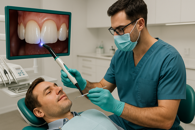 Dentist performing cosmetic bonding procedure with curing light on a patient's front tooth in a modern clinic with digital tooth magnification