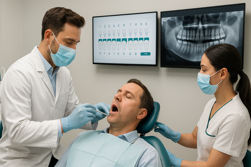Periodontist and assistant performing periodontal staging and grading exam with digital chart and X-ray analysis in a modern treatment room
