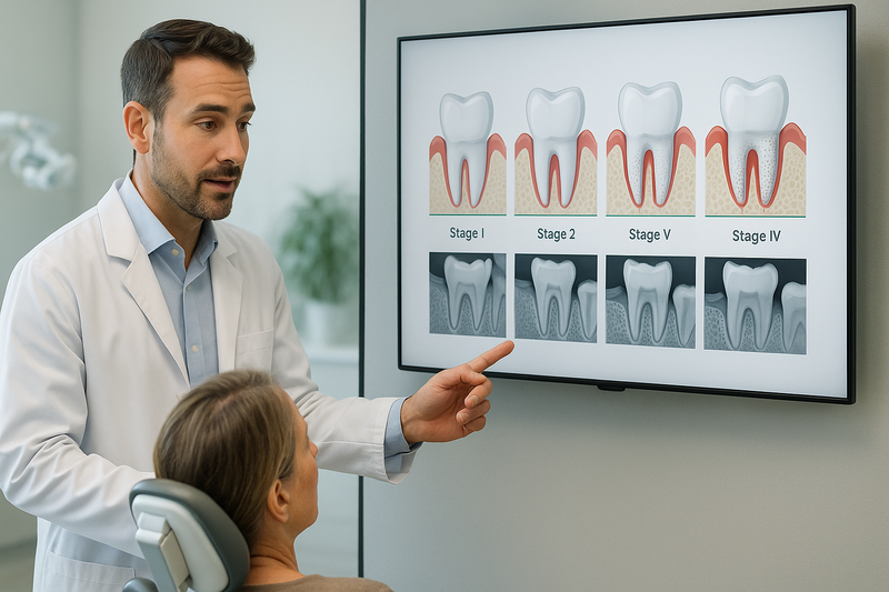 Dentist explains periodontal staging and grading with digital display of gum disease progression from Stage I to Stage IV in a modern clinic