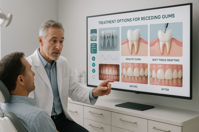 Periodontist consulting with patient in modern clinic, displaying receding gums images and treatment diagrams on a digital screen