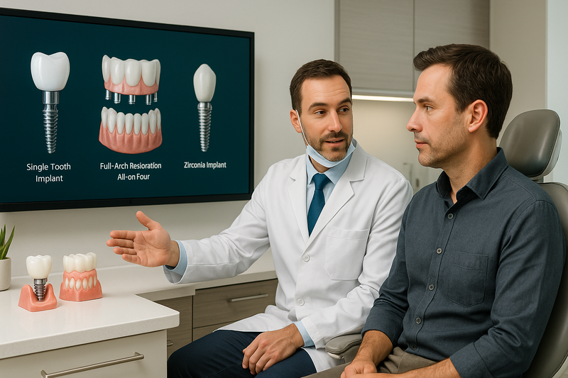 Dentist explains cosmetic dental implants options using digital diagrams of single, full-arch, and zirconia treatments