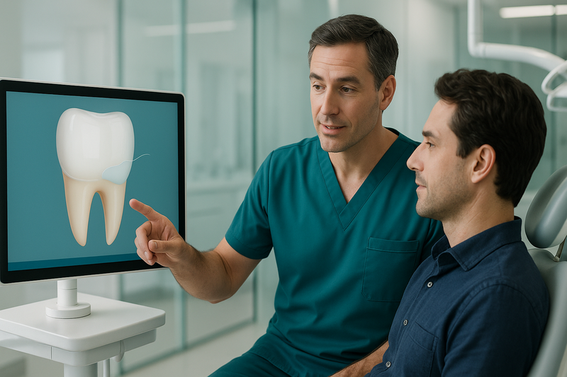 Dentist in a Beverly Hills clinic explaining cosmetic bonding to a patient, showing composite resin application to a chipped tooth on a monitor