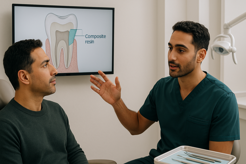 Dentist in a modern Beverly Hills clinic explaining what is dental bonding to a patient, with a digital monitor showing composite resin applied to a tooth enamel surface.
