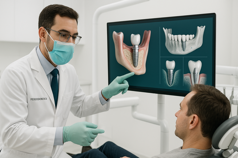 Board-certified periodontist explains dental implants West Hollywood with 3D imaging to an adult patient in a modern clinic.
