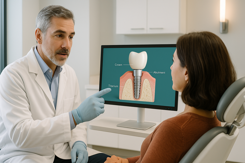 Periodontist in West Hollywood explains a 3D model of dental implants, illustrating implant post, abutment, and crown for Dental implants West Hollywood patients